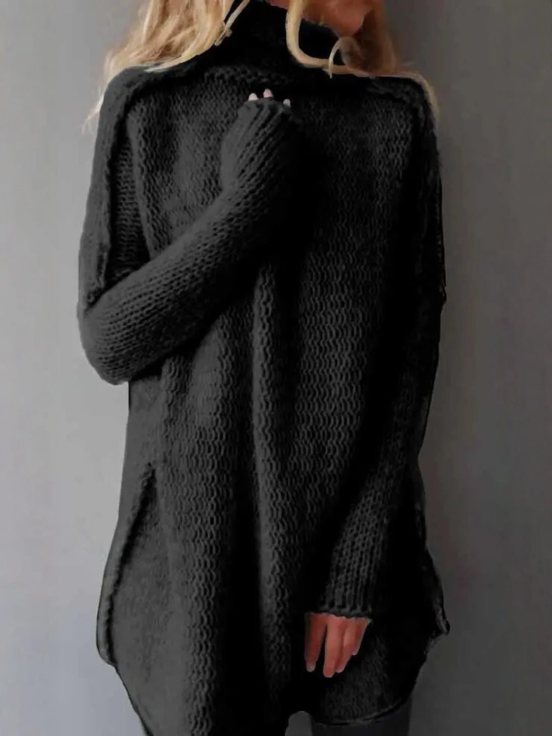 Black turtleneck sweater back view on model