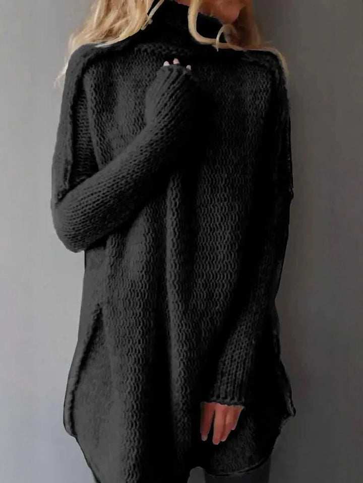 Black turtleneck sweater back view on model