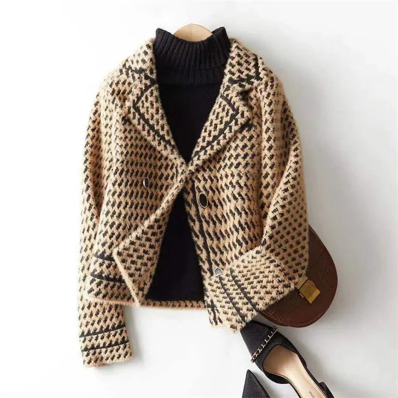 Camel houndstooth knit jacket styled with black turtleneck, front view