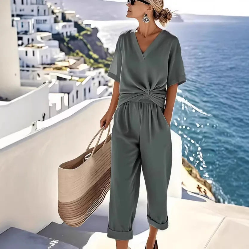 Blake Casual Tie Waist Short Sleeve Pants Set