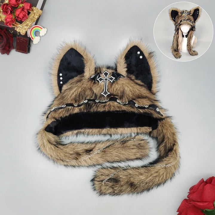Camel faux fur cat ear hat with chain trim and cross charm