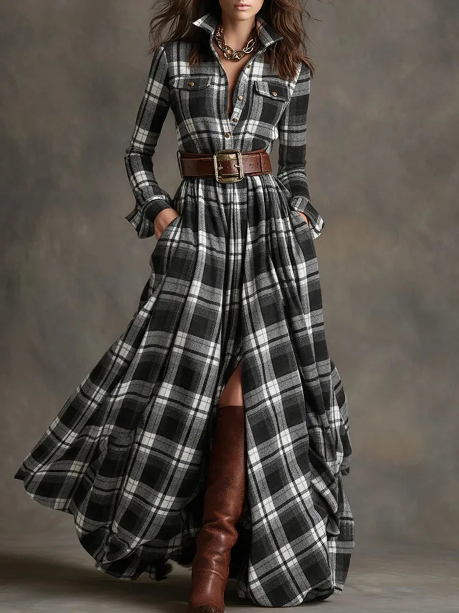 Woman wearing black and white plaid belted maxi shirt dress