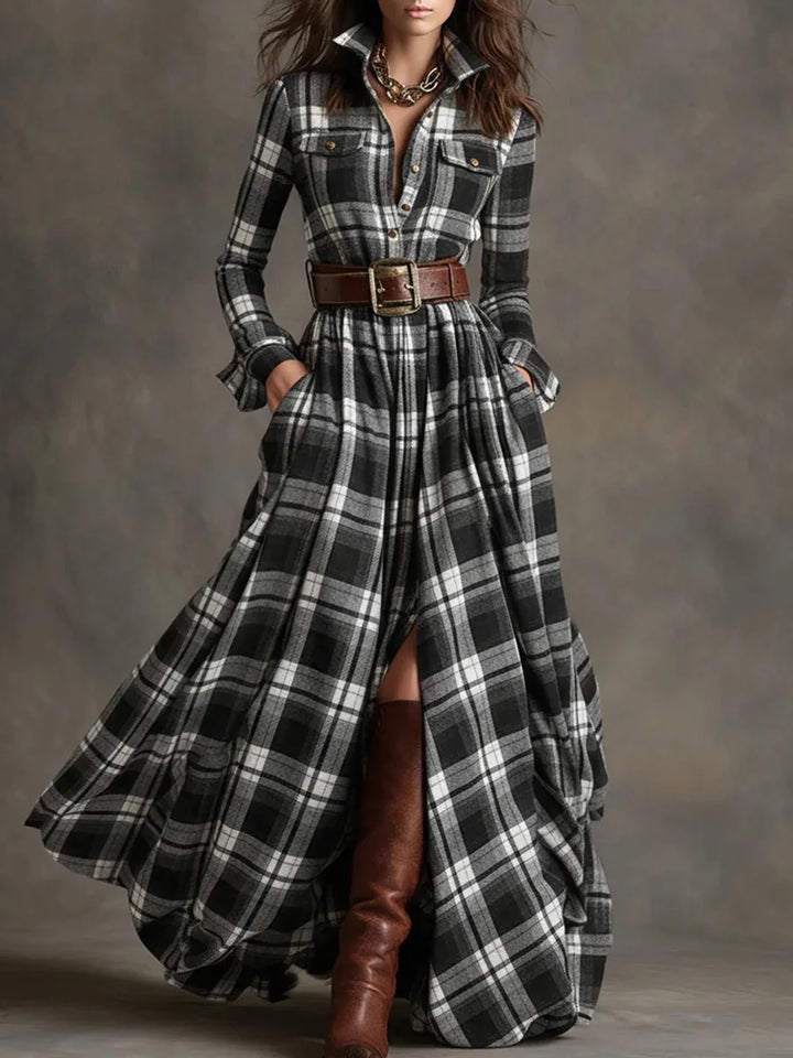 Woman wearing black and white plaid belted maxi shirt dress