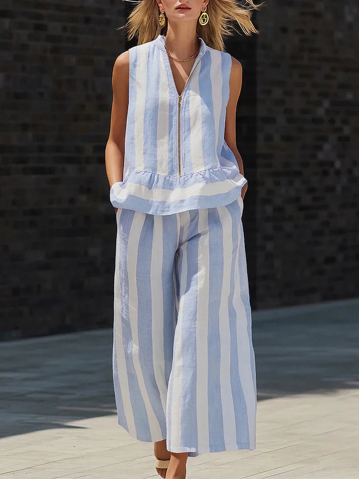 Briar Striped Zip Front Sleeveless Pants Set