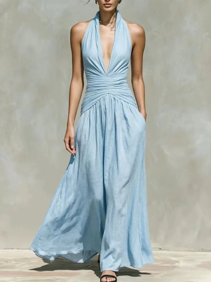 Sky blue halter maxi dress with plunging neckline, front view