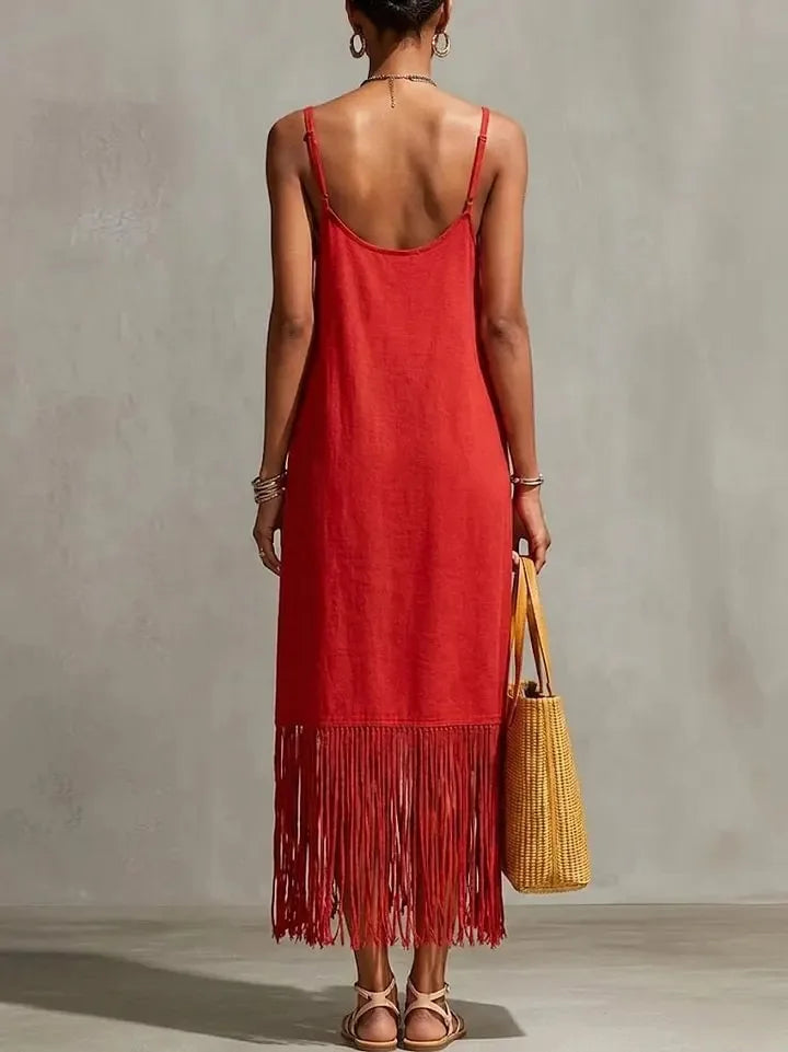 Aveline Tassel Hem V Neck Midi Dress