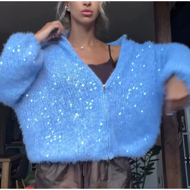 Blue fuzzy sequin cardigan open front view