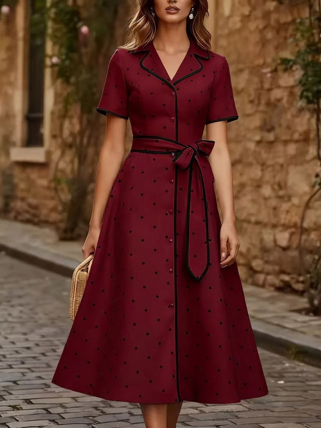 Evangeline Elegant French Polka Dot Midi Dress