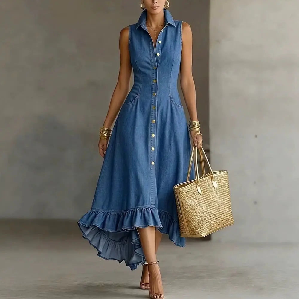 Elodie Ruffle Denim Midi Dress