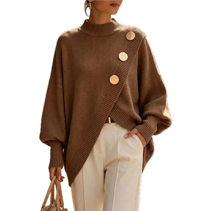Woman wearing dark brown asymmetric hem sweater with gold buttons