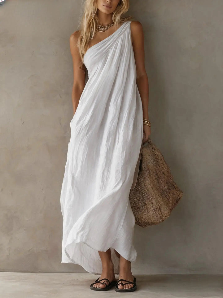 Celine One Shoulder Linen Maxi Dress