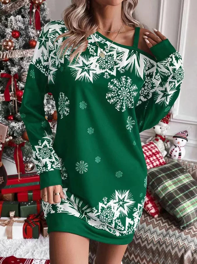 Woman wearing green snowflake print cold shoulder mini dress