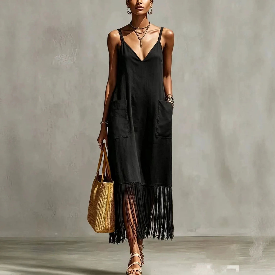Aveline Tassel Hem V Neck Midi Dress