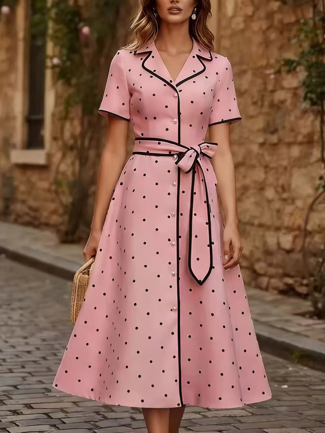 Evangeline Elegant French Polka Dot Midi Dress
