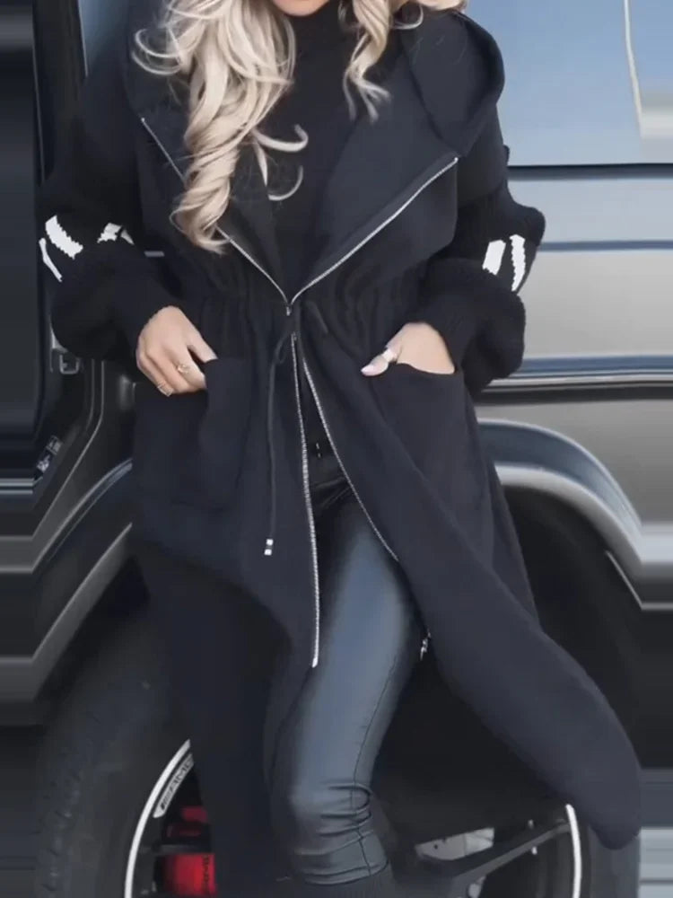 Black hooded maxi coat with asymmetric zip closure and patch pockets