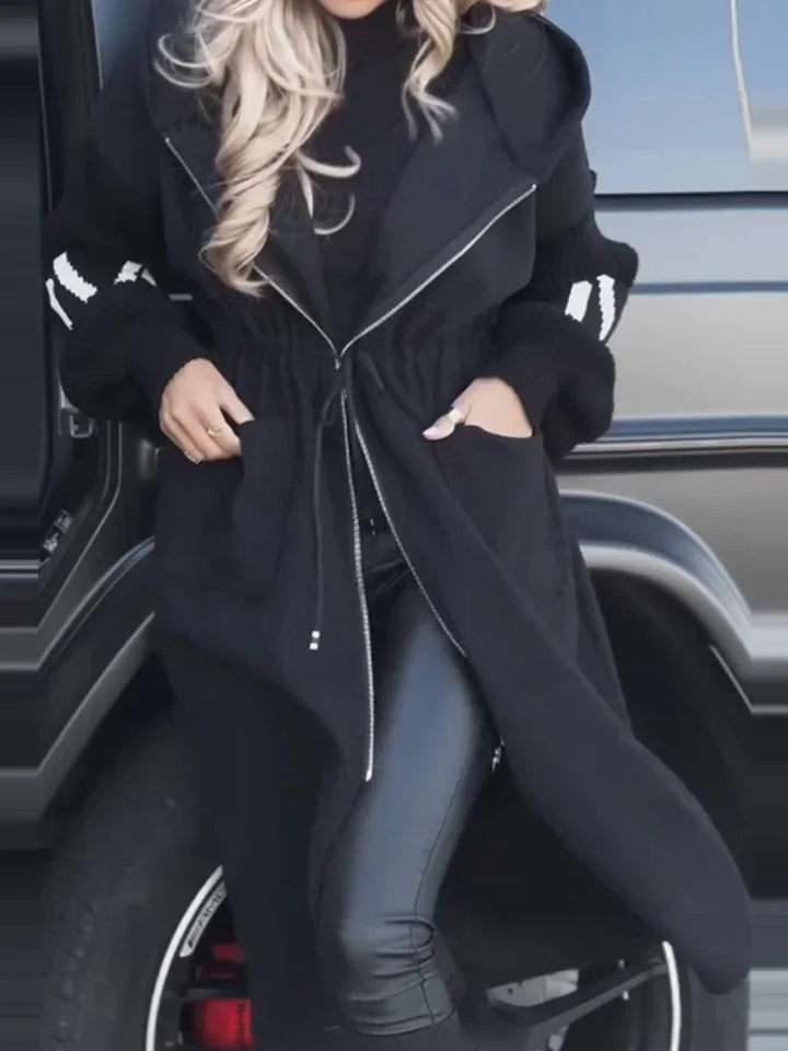 Black hooded maxi coat with asymmetric zip closure and patch pockets