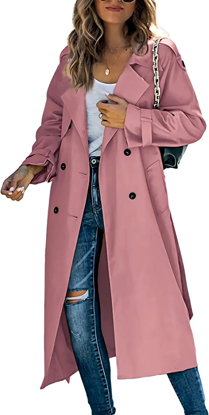 Woman wearing pink oversized double breasted trench coat