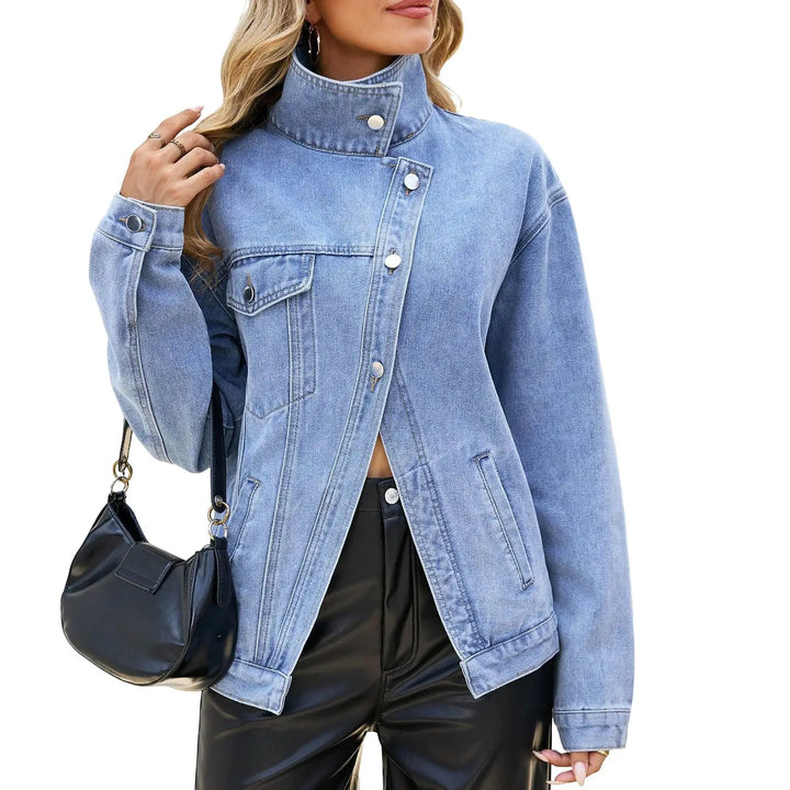 Woman wearing light blue denim jacket with contrast collar