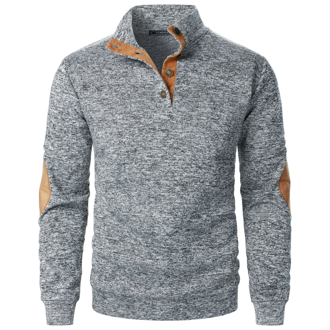 Light grey heathered quarter-button pullover with suede elbow patches, front view