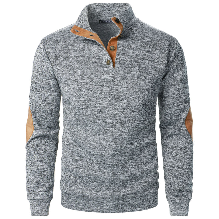 Light grey heathered quarter-button pullover with suede elbow patches, front view