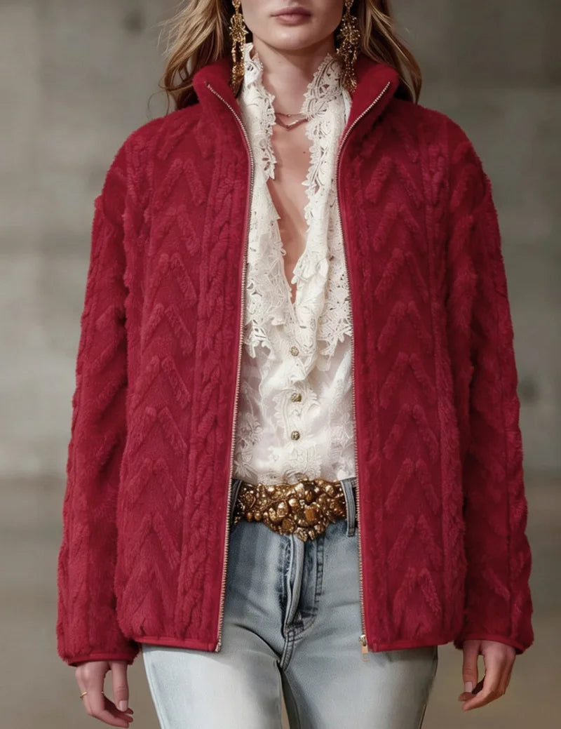 Red chevron textured fleece jacket with stand collar and full zip