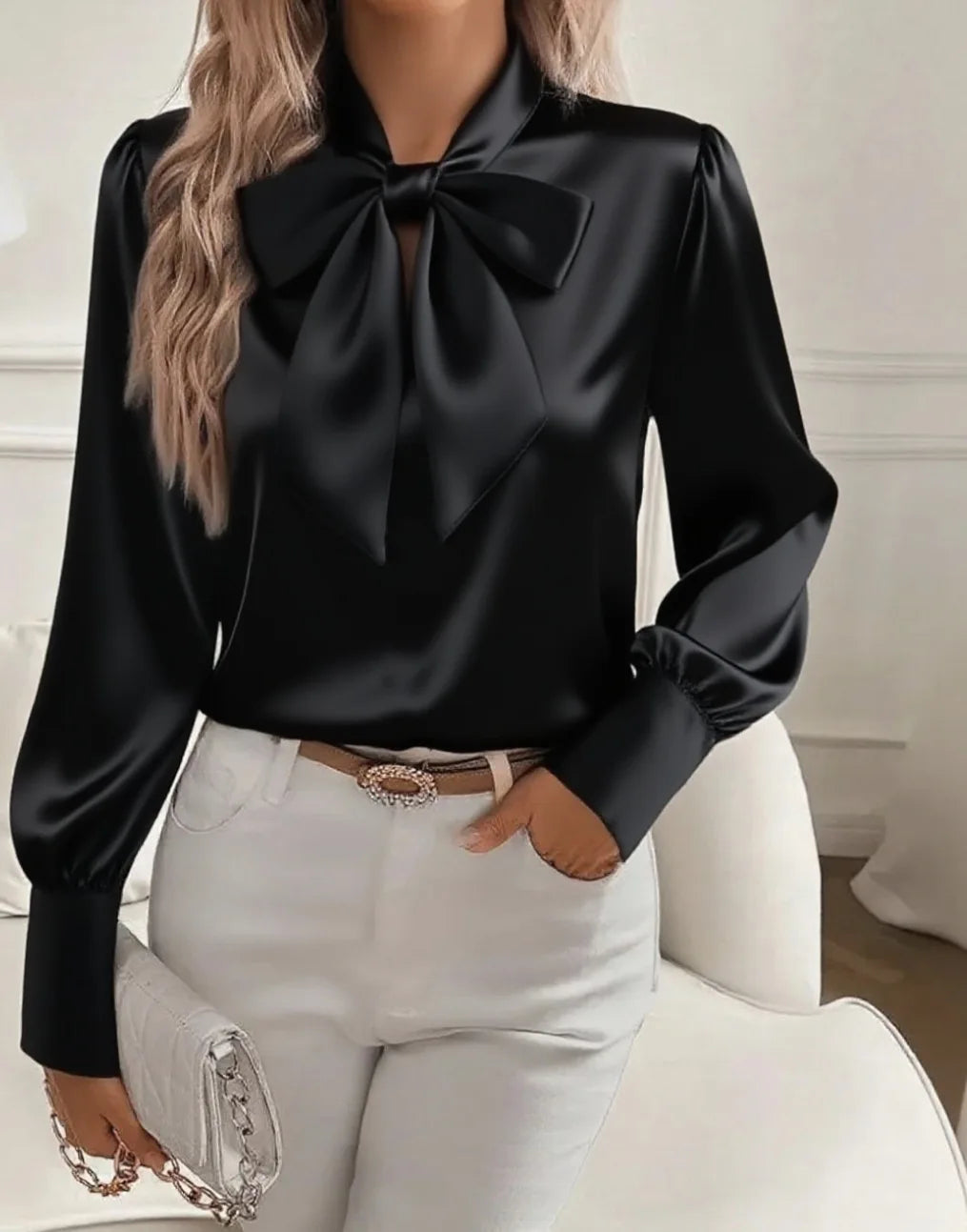 Woman wearing black satin bow tie collar blouse