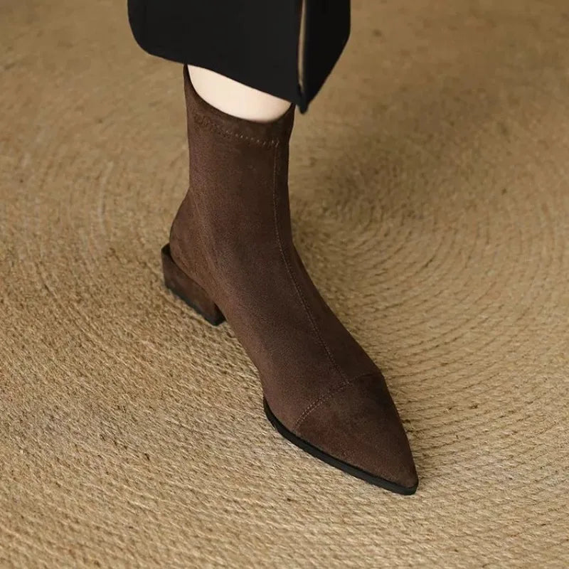 Close-up of pointed toe brown suede ankle boot on foot