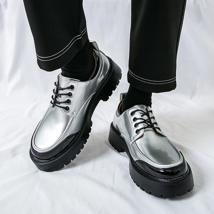 Silver metallic Oxford shoes side view on model