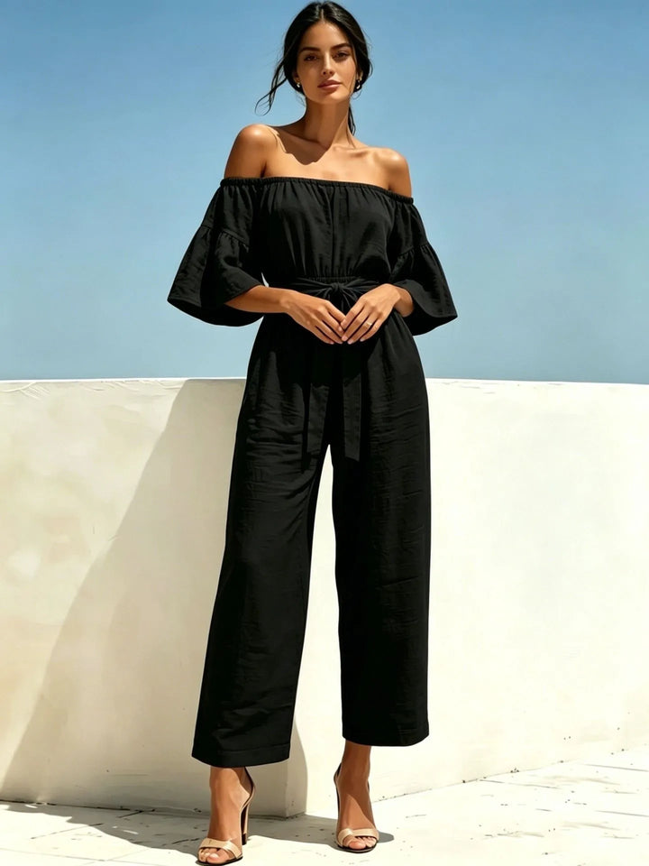 Monroe Off Shoulder Front Tie Waist Jumpsuit