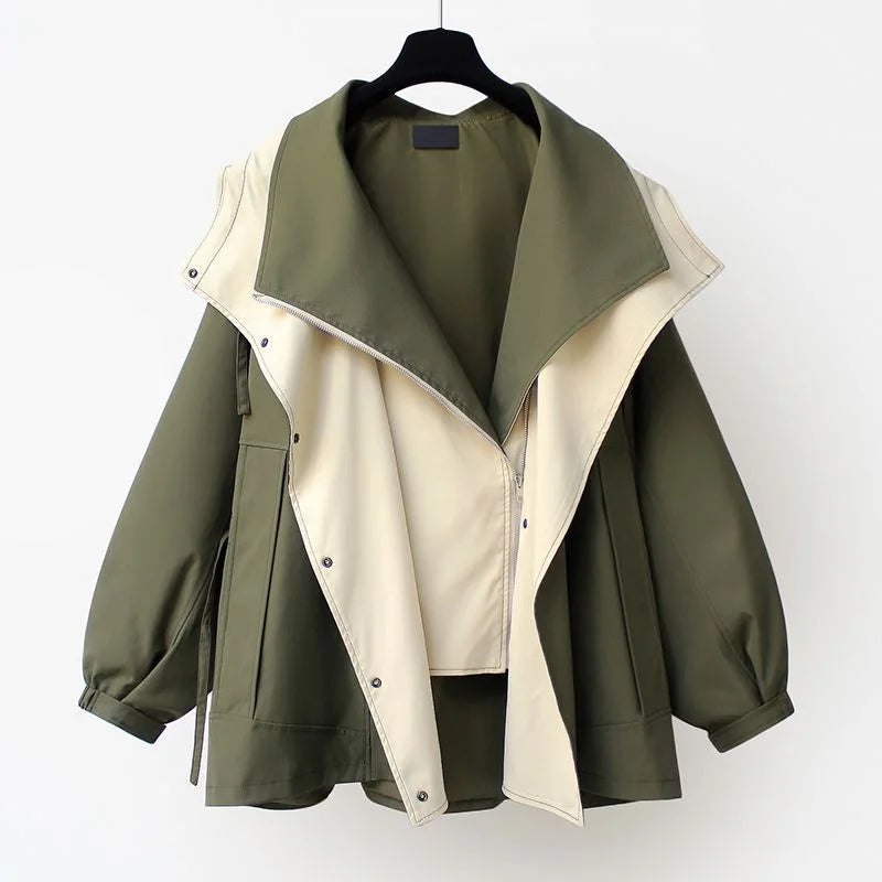 Green two-tone trench jacket with oversized shawl collar open