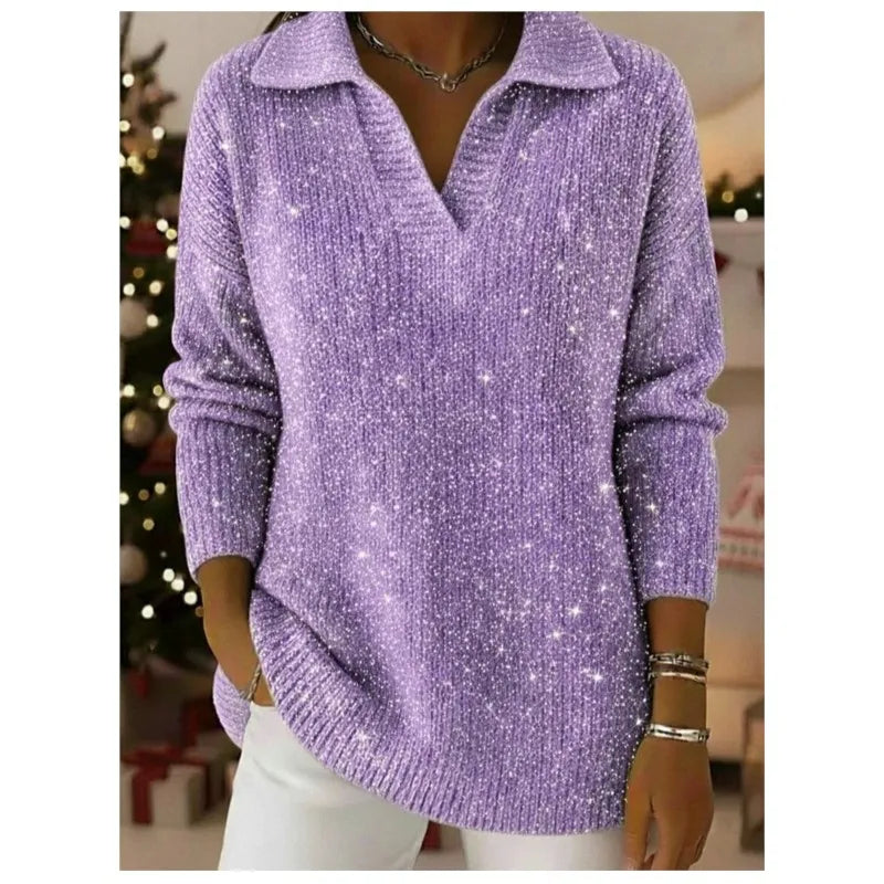 Woman wearing light purple ribbed knit pullover sweater with notched collar
