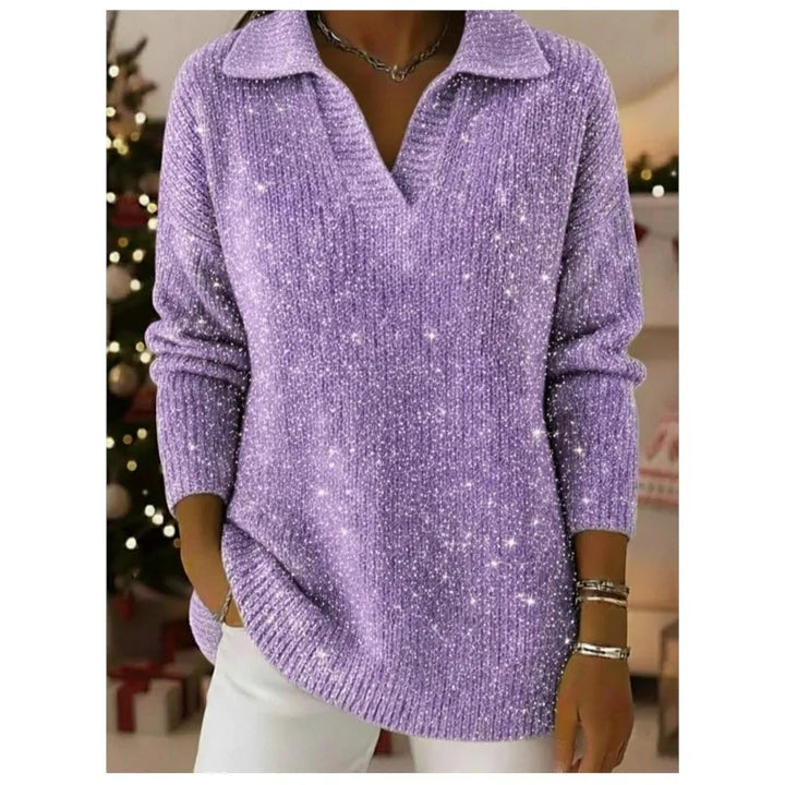Woman wearing light purple ribbed knit pullover sweater with notched collar
