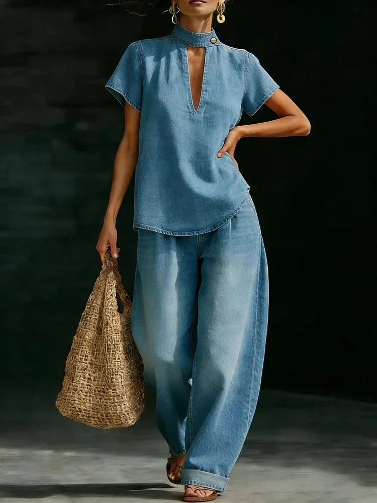 Reese Casual Denim Style Wide Leg Outfit Set