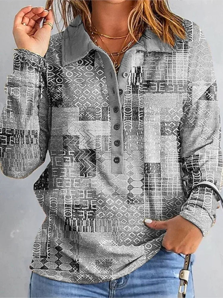 Woman wearing grey patchwork print button placket top