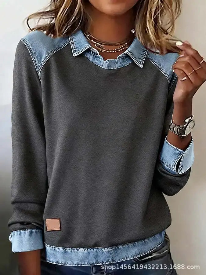 Dark grey denim-collar pullover with raglan sleeves