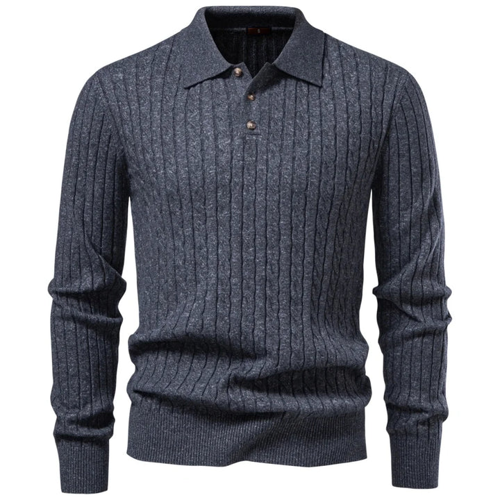 Dark grey cable knit polo sweater flat lay