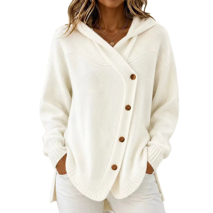 White hooded knit cardigan with asymmetric wooden button closure