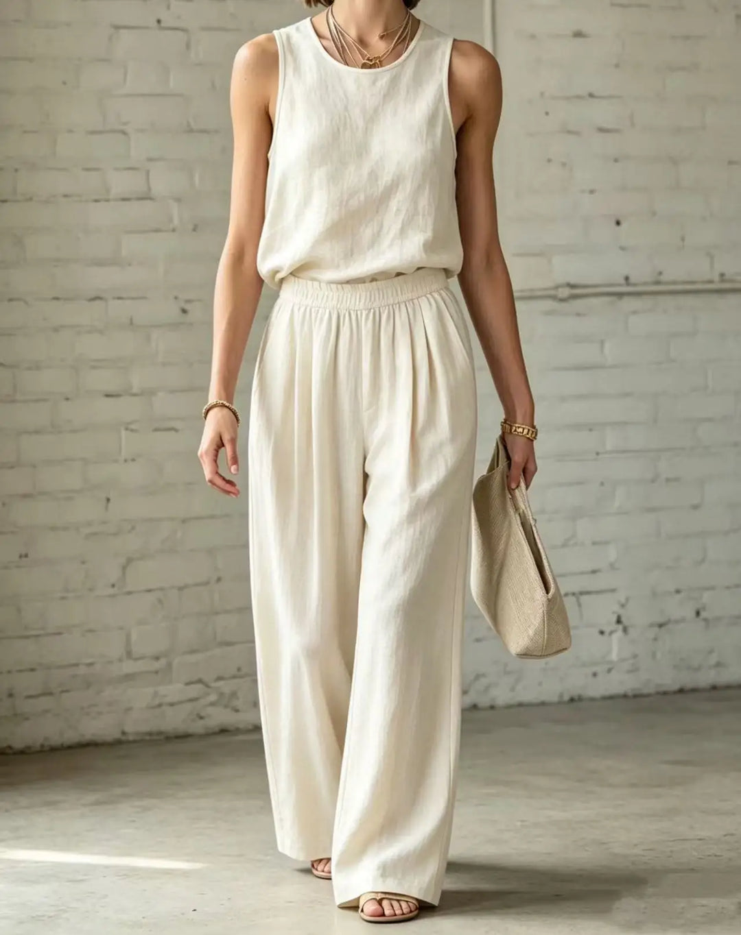 Jade Cotton Linen Camisole Wide Leg Set