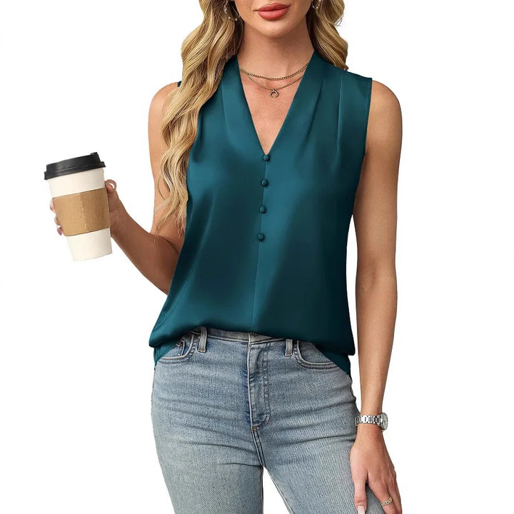 Lilianna Sleeveless Satin V Neck Blouse