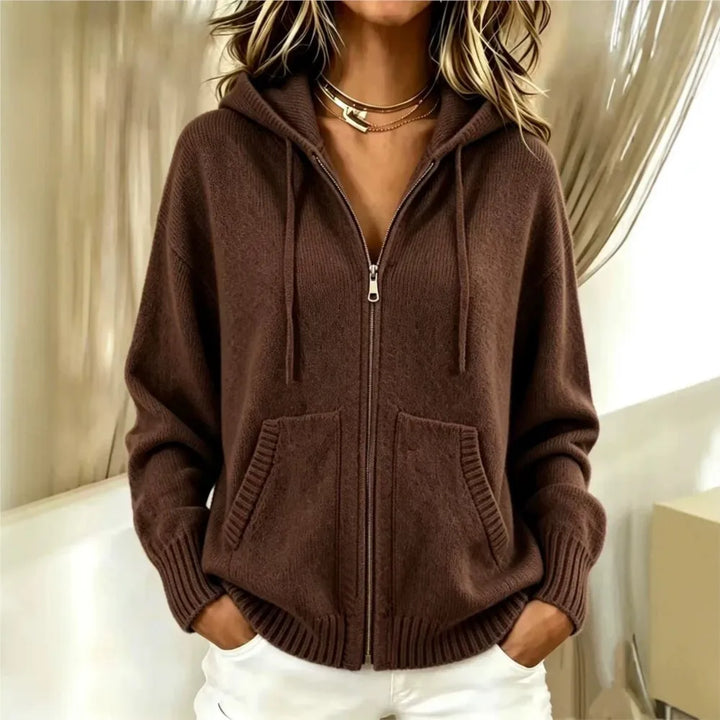 Brown zip-front knit hoodie with drawstring hood and pockets