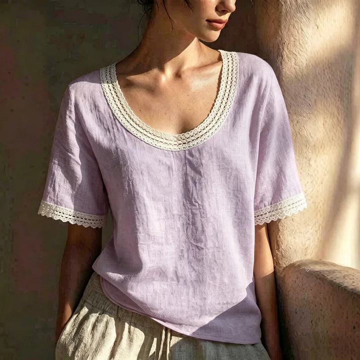 Valeria Lace Trim Linen Blouse