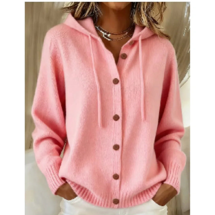 Pink hooded knit cardigan with drawstring hood
