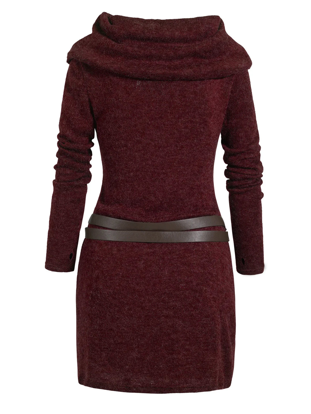 Deep red sweater dress back view with belt