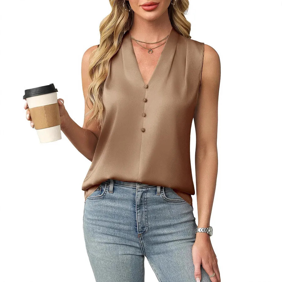 Lilianna Sleeveless Satin V Neck Blouse