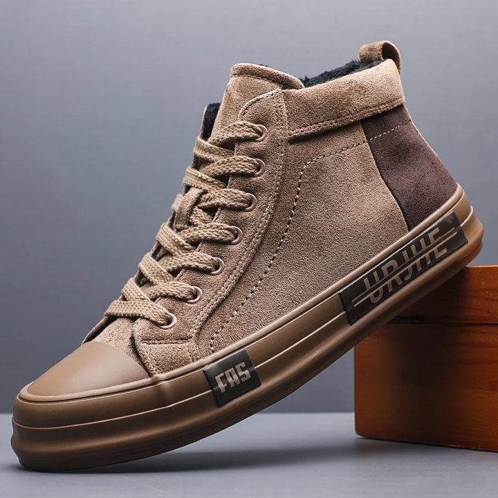 Tan suede high-top sneaker side view with gum sole
