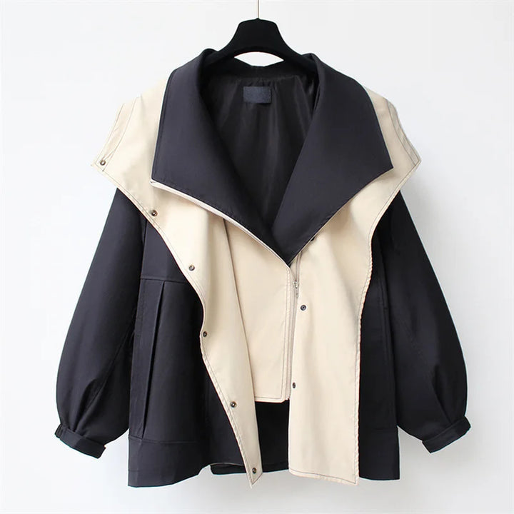 Black trench jacket with apricot contrast collar open front