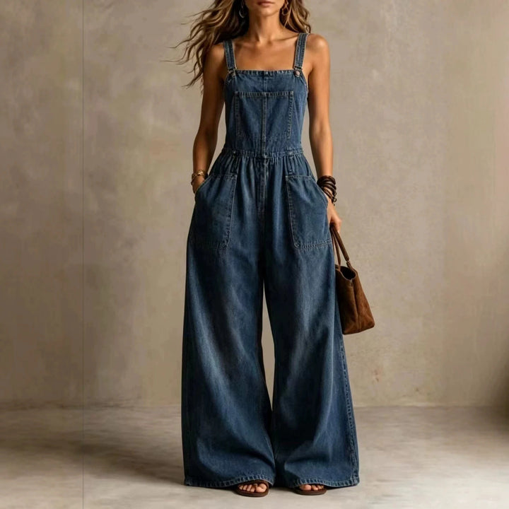 Casey Wide Leg Denim Overall Jumpsuit