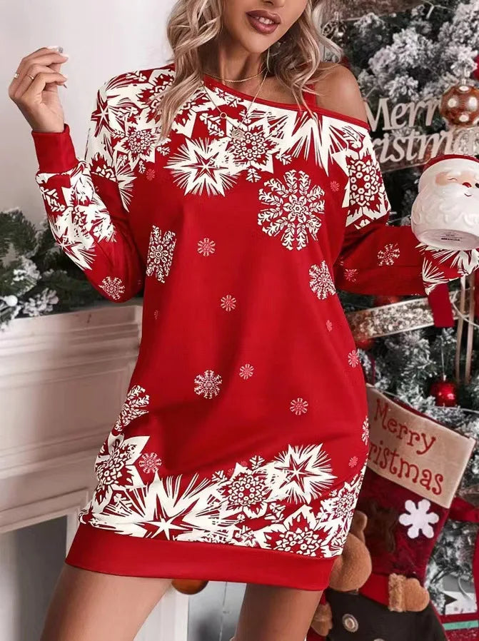 Woman wearing red snowflake print cold shoulder mini dress