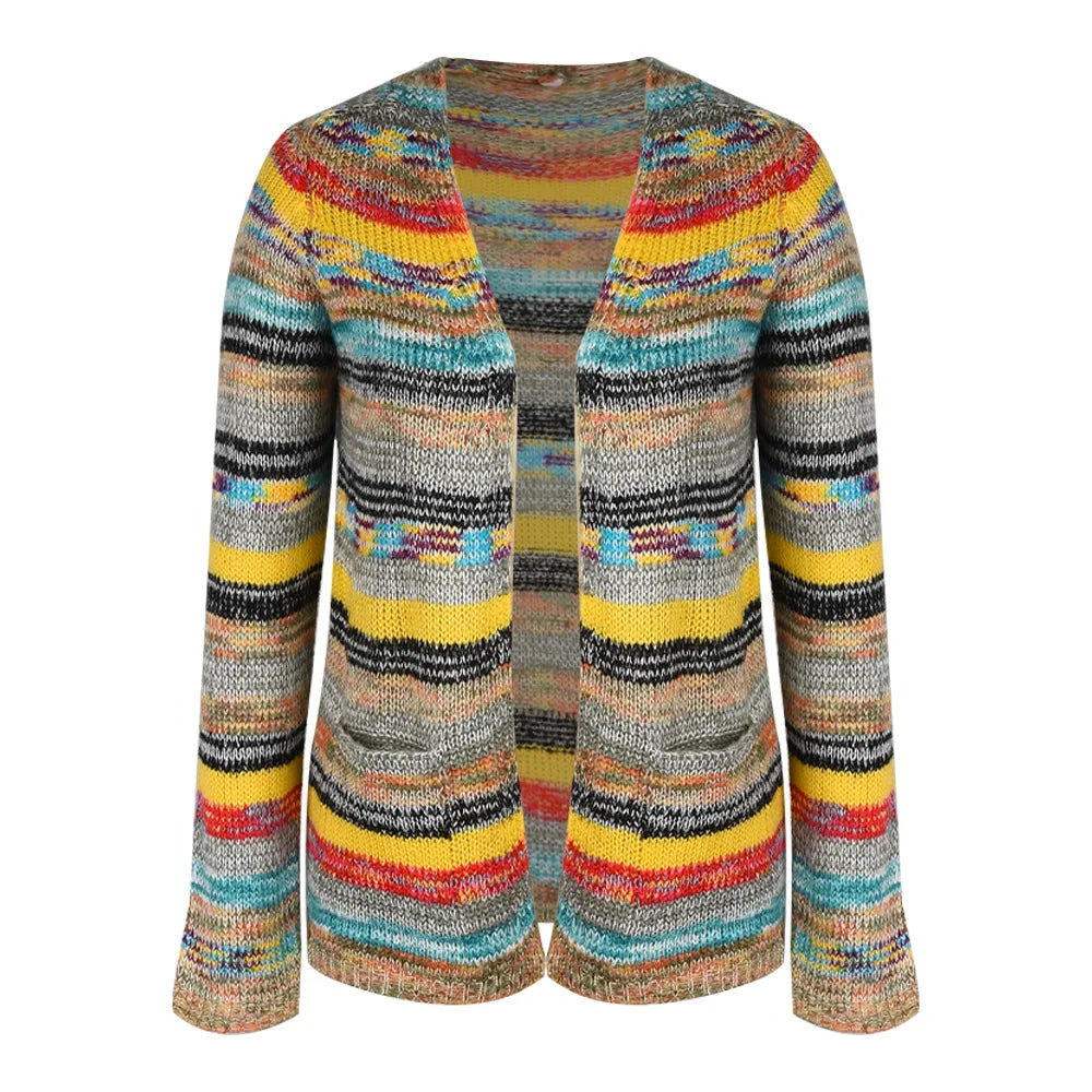 Multicolor striped cardigan with hip pockets, flat product shot