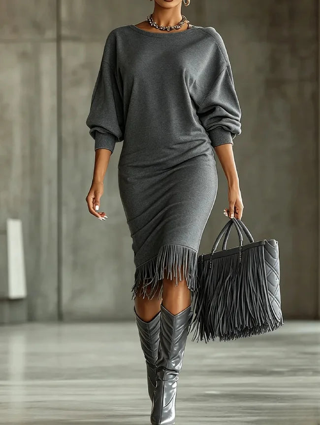 Front view of gray sweater dress with fringe hem